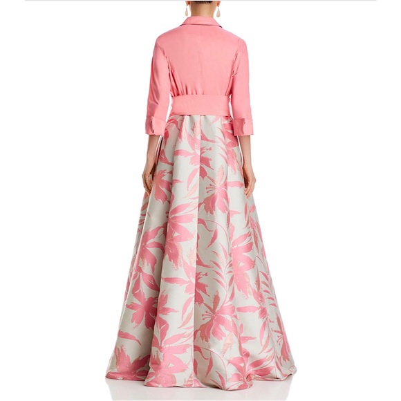 Teri Jon by Rickie Freeman Floral Taffeta Shirt Dress Gown Salmon Pink 4 - Picture 4 of 14